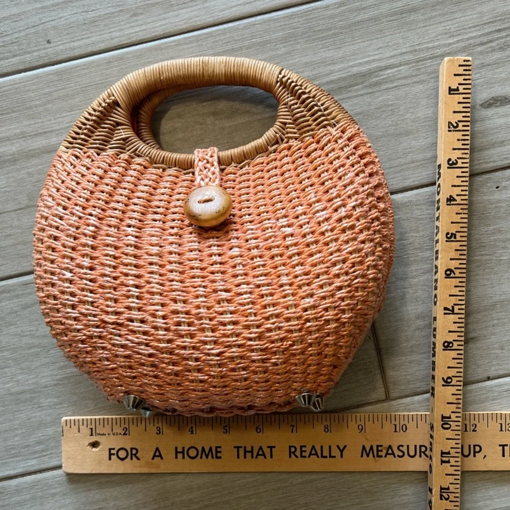Woven Basket Handbag‎ Round Tote Orange Brown Handle